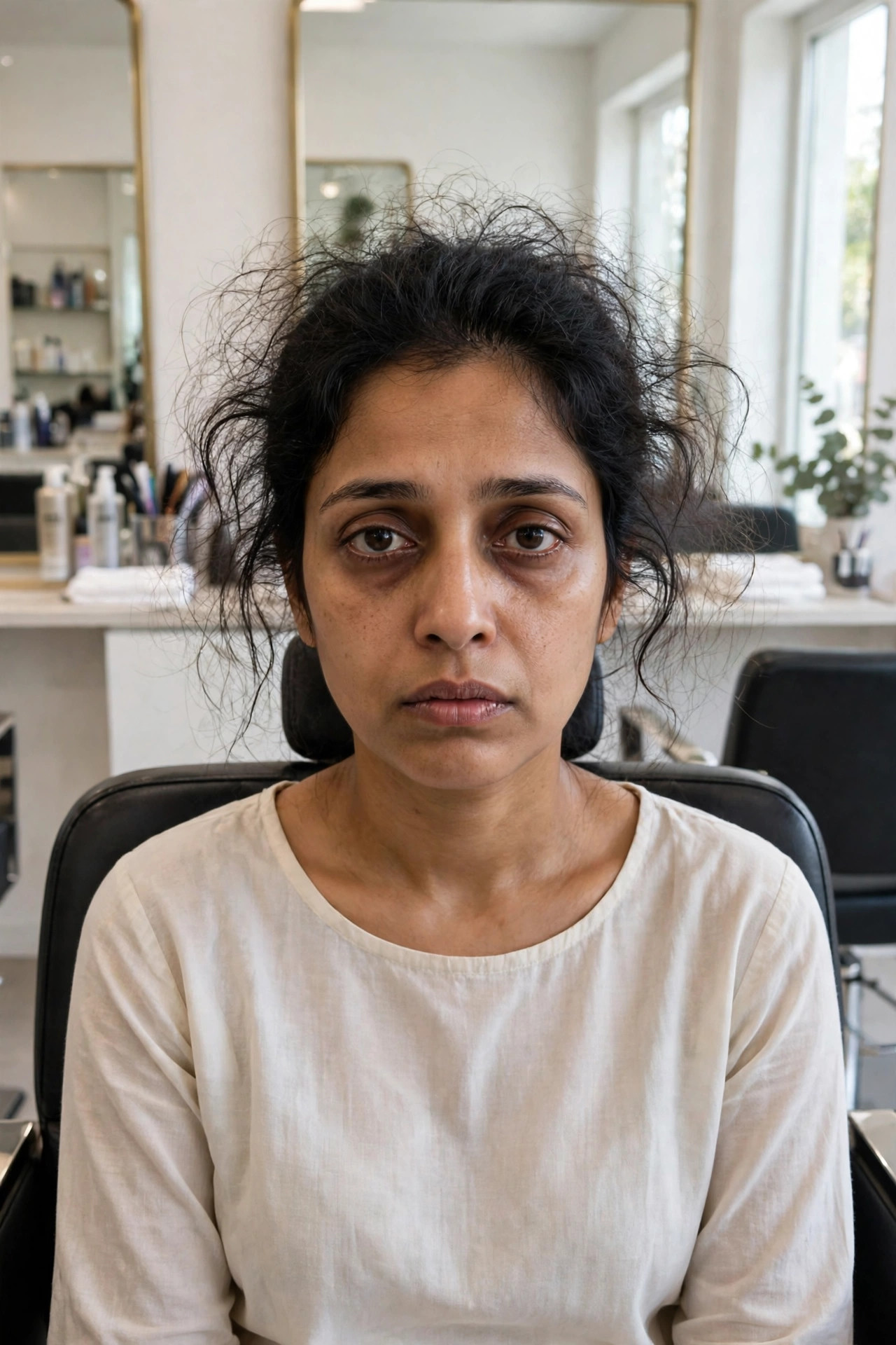 Woman with dry frizzy hair and tired look before salon visit
